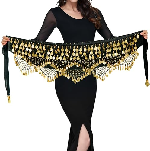 MUNAFIE Bauchtanz Hüfttuch Gürtel mit Münzen Bauchtanz Kostüm Damen Bauchtanz Wickelrock Schwarz Gold