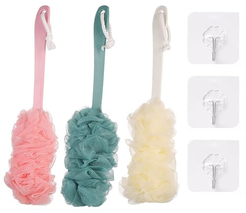 3 Pack Bath Brush for Shower, Loofah Long Handle Bath Body Brush, Soft Nylon Mesh Sponge, Fit for Sensitive and All Kinds of Skin, Clean Sanitary