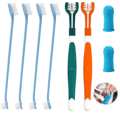 8pcs Brosse a Dent Chien, Silicone Souple Ensemble de brosses 2 Brosses à Dents à Triple Tête et Doubles 4 Doigts Dent pour doigts pour le Nettoyage le Soin des du Animal Améliore l'hygiène Buccale