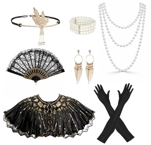 8 Pièces Accessoire Gatsby Femme, Accessoire Annee 20 Charleston Femme, Mode Roaring 20's Theme Set, 1920 Accessories avec Châle Noir et Or, éventail Pliant, Bandeau, Longs Gants Noirs pour Les Fêtes