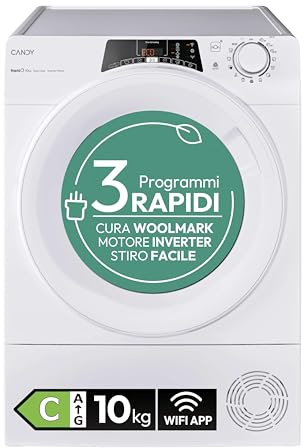 Candy RapidÓ RO EH10N3TE-S Heat Pump Dryer, 10 kg, Inverter Motor, Easy Ironing Program, Wi-Fi + BLE Connectivity, 85 x 59.6 x 58.5 cm (H x W x D), White-Class C