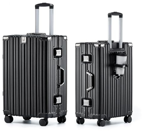 yuweijie Alu-Rahmen Mittelgroßer Koffer mit 4 Rollen · Hartschalen in 100% PC mit Getränkehalter · Reisekoffer TSA Schloss · Trolley für Geschäftsreisen · Schwarz · M-67cm