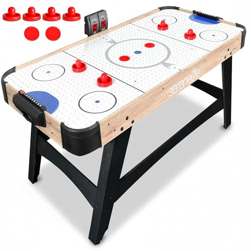 SereneLife 58in Powered Air Hockey Table Upgraded 700mA 12v 2X Powerful Motor, 4 Player 4 Pucks 2 Pushers, Full-Size Arcade Style, Inline Power Switch and Battery Free Digital LED Score Board, Natural