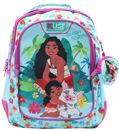 Disney Vaiana Backpack for School with 3-Compartments | Cute Girls' Lightweight Backpack for Elementary School, Travel & Everyday Use | Padded Reflective Straps & Side Water Bottle Pocket