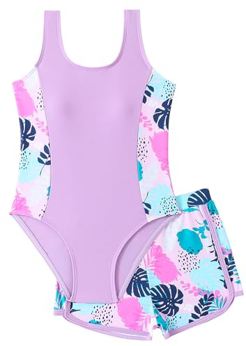 FEOYA Traje de Baño Niña Dos Piezas, Bañador Tankini Anti-UV con Pantalones Cortos, Ropa de Natación para Playa y Piscina 5-14 Años