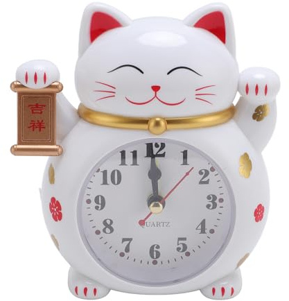 Jwthee Lucky Cat-Uhr, niedlicher Katzenwecker aus Kunststoff, geräuschlos, Nicht tickend, für Wohnzimmer und Schlafzimmer (White)