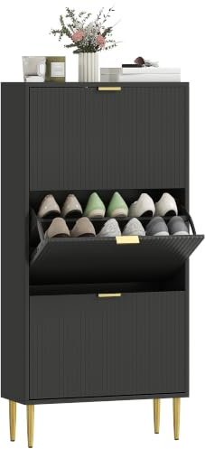 HOMCOM Meuble à Chaussures 18 Paires 3 Tiroirs 60 x 24 x 122,5 cm Noir | Armoire à Chaussures Étroite Moderne, Portes Cannelées, Étagères Réglables, pour Couloir et Entrée