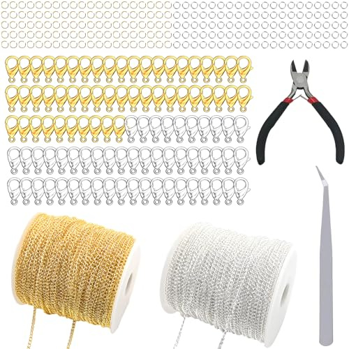 Vrexziy Schmuck Herstellung Ketten Kit, Ketten Selber Machen Set, Schmuck Basteln Set Mit 5m Silber und 5m Gold Chain Inklusive 100 Karabinerverschlüsse 200 Ringe für Schmuck-DIY