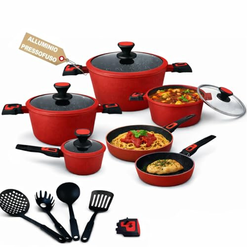 BAKAJI Batteria di Pentole 24 Pezzi Modello Rubino con Manici Removibili in Alluminio Pressofuso Antiaderente, Casseruola e Padella con Manico Amovibile, Coperchi e Mestoli Accessori (Rosso)
