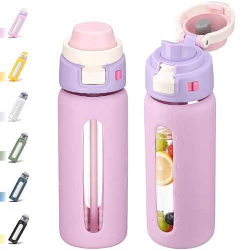 BLUEGO Borraccia 2 in 1 in vetro borosilicato con cannuccia, per sport e viaggi, 600 ml, con manicotto in silicone, a prova di perdite, senza BPA, colore rosa