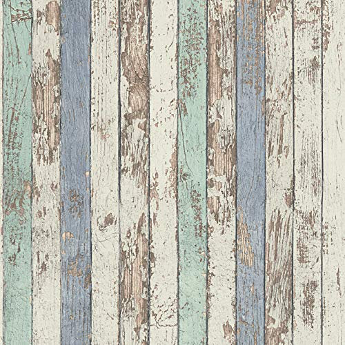 BRICOFLOR Papier peint imitation bois style bord de mer | Tapisserie effet vieille planches de bois blanc & bleu | Papiers peints tendances pour salon