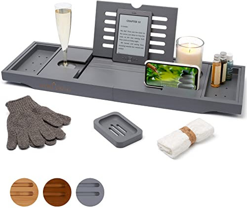 Temple Spring Wooden Bath Tray, Bath Shelf Bathroom Accessory, Home Spa Boards for Adults, Bathtub Caddy, Bamboo Bathroom Accessories Set, Extendable Bathtub Rack with iPad & Phone Holder - Slate Grey