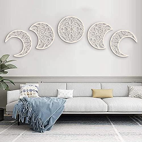 DYBOHF Moon Decoracion Pared, 5 Piezas hogar Decoracion Salon del Norte de Europa Moon Phase Nature Diseño, Pared Bohemia Dormitorio decoración de la Pared (Color de Madera Claro)