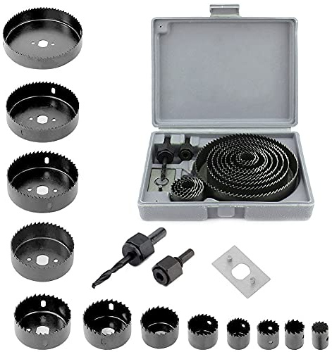 16-teiliges Lochsägen Set, 19-127mm, mit HSS Zentrierbohrer, Dornen und Montageplatte, für Holz, PVC, Trockenbau und Kunststoff, im Kunststoffkoffer