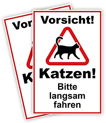 STROBO 2 Stück Vorsicht! Katzen! Bitte langsam fahren Hinweisschild | Stabile 3mm Hartschaumplatte als 30x20cm Schild mit UV-Schutz für den Außenbereich