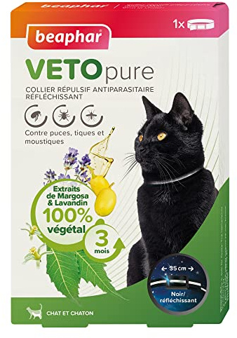 BEAPHAR – VETOPURE – Collier répulsif antiparasitaire réflechissant pour Chat et Chaton – Extraits de Margosa & Lavandin – Contre Puces, Tiques et Moustiques – Protection 3 Mois – Collier Noir de 35cm