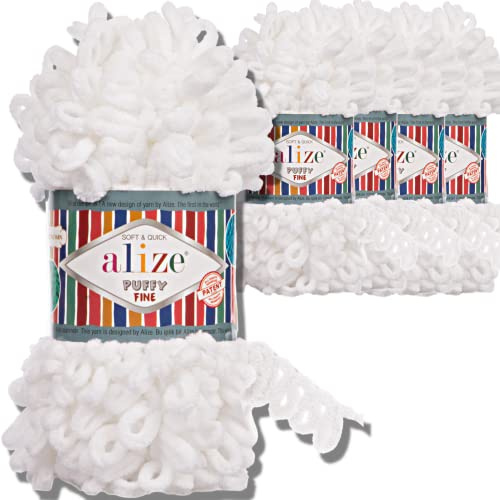 Alize 5x 100g Puffy Fine türkische Wolle Super Bulky Chenillegarn Babywolle Handstrickgarn ohne Nadel zum häkeln weiches Chenille-Garn XXL-Knäuel für Amigurumi (White | 55)