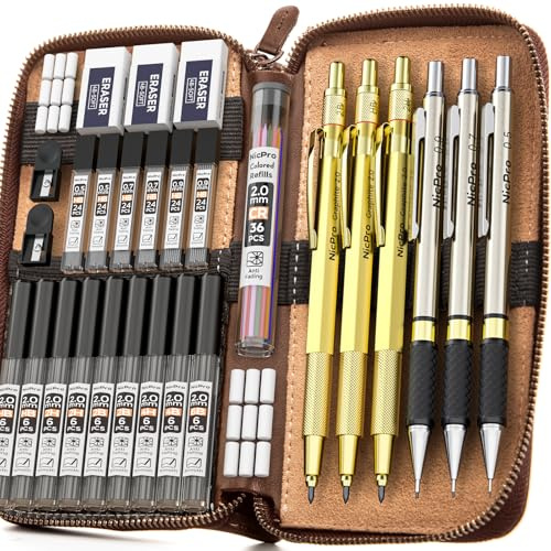 Nicpro 30 Stück Gold Kunst Druckbleistift Set in Ledertasche, Druckbleistifte 0,5, 0,7, 0,9, 2 mm Fallminenstift zum Skizzieren Zeichnen mit 15 Tuben Bleistiftminen (HB 2H 2B 4B 4H) (Schwarz & Farben)
