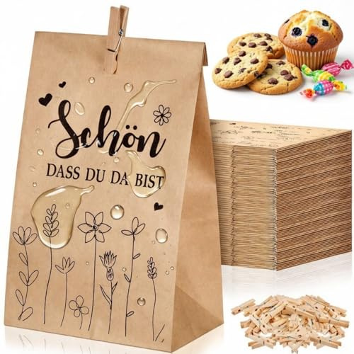Faccito 36 Kraftpapier Geschenktüten Set 13 x 24 cm, Schön DASS Du Da Bist | Klein Dankeschön Geschenk, mit 36 Mini Holzklämmerchen, für Hochzeit Geburtstag Taufe Konfirmation Kommunion