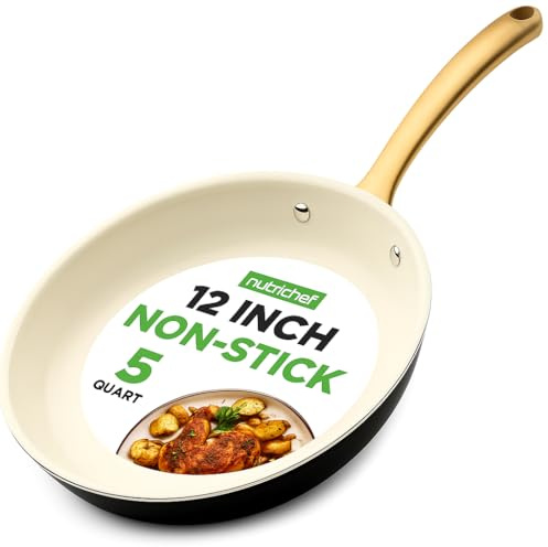 NutriChef 12 Inch Large Ceramic Coated Frying Pan - Non Stick Skillet with Titanium Handle, Omelet Pan Durable, Easy to Clean - Gas, Electric, Ceramic and Induction Compatible Cookware