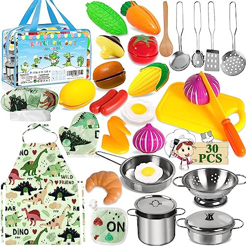 FAMKEEP Accessoire Cuisine Enfant 30 pcs avec Pots et Casseroles en Acier Inoxydable,Chef Jeu de rôle avec,Enfants Cuisines avec Tablier Cuisine,pour Garçons Filles Cadeau Montessori