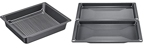 Bosch HEZ633070 Zubehör für Backöfen, Profi-Pfanne mit Rost, anthrazit emailliert, Made in Germany & Bosch HEZ530000 Zubehör für Backöfen, 2 Universalpfannen, schmales Format, grau, Made in Germany