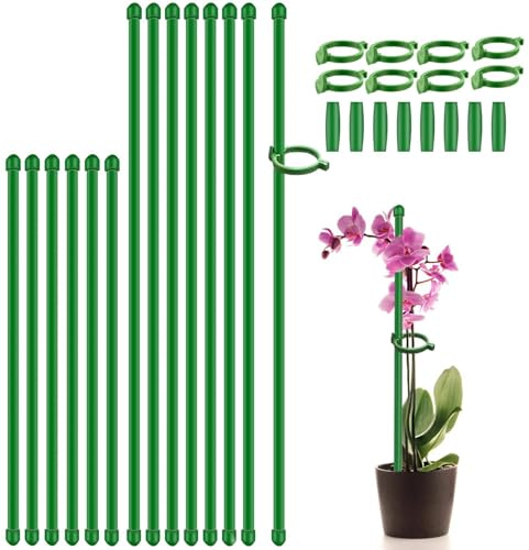 SupKing Pflanzstäbe, 43,2 cm & 27,9 cm, verstellbare Länge, Pflanzenstützpfahl, 16 Stück, grüne Orchideenstäbchen mit Clips für drinnen und draußen, Gartenstange für Topftomaten, Amaryllis, Gemüse,