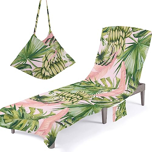 Surwin Schonbezug Für Gartenliege Strandliegenauflage Frottee Liegenauflage Stuhl Strandtuch Bananenblatt Sun Lounger Bezug mit Tasche Sporthandtuch für Garten Schwimmen (75x210cm,Rosa Blätter)