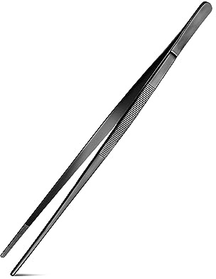 Kitchen Tweezers Fine Tweezer Tongs For Cooking, Black Stainless Steel Food Tweezers, Multi-function Precision Serrated Tips Cooking Tongs Kitchen Serving Tong (Black, 10 inch)