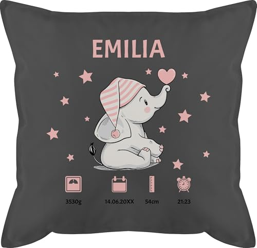 Kissen 50x50 - Elefant Geburtsdaten mit Name Geschenk zur Geburt Geschenkidee I Geldgeschenk zur Geburt - 50 x 50 cm - Grau - Baby personalisierte Geschenke geburtskissen Geburtsgeschenk Birth