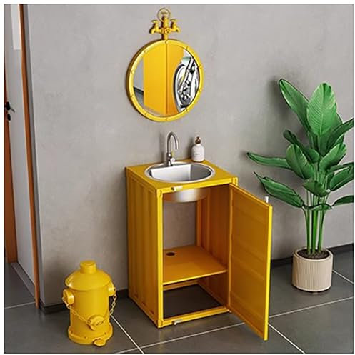ZTGL Lavandino a Colonna in Ferro Battuto Stile Industriale Mobile da Bagno con Lavabo in Acciaio Inox, Contenitore Lavandino su Piedistallo con Rubinetto e Scarico,Giallo,with Mirror