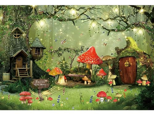 MIRRORANG 3x2m Märchen Welt Hintergründe für Foto Shoot Magie Wald Fee Leben Haus Pilz Schmetterling Fotohintergründe Geburtstagsparty Feierbedarf Kinderstudio Requisiten, Vinyl