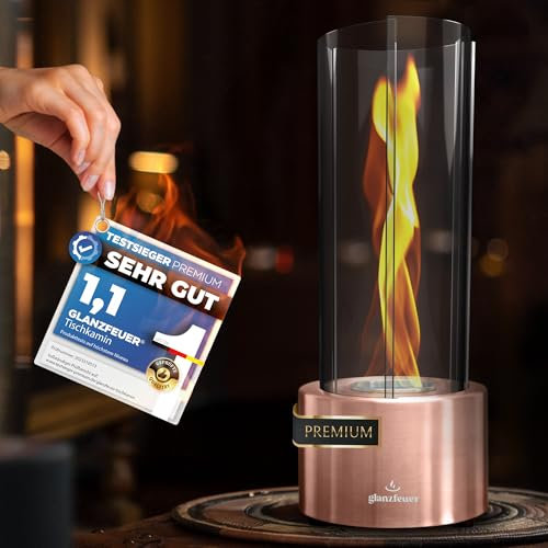 Glanzfeuer Bioethanol Tischkamin Outdoor & Indoor Bioethanol - Extra Lange Brenndauer mit Wirbelflamme - Tischfeuer Deko - Tisch Kamin Feuer Feuersäule - Garten & Deko Geschenk