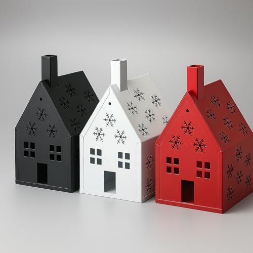 3 STK Laternen Häuser rot Weiss schwarz Teelichthalter Metall Haus 12cm Deko Windlichter nor14 Skandinavisch Kerzenhalter Metalllaternen Häuser Weihnachten Weihnachtsdeko Herbstdeko Dekohaus Nordic