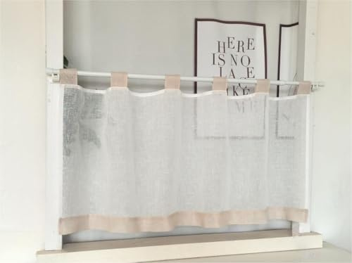 Vordesack Leinenoptik Scheibengardine mit farbigen Schlaufen HxB 45x140cm | Kurzstore Kleinfenster Küchengardine Halbtransparenter Fensterbehang Landhausstil für Küche, Bad und Café 1 Stück Sand