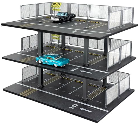 1/64 Scale Die-cast Model Car Display Case Organizer - Parking Garage Diorama Compatible with Hot Wheels Matchbox Mini GT,for Toy Car Display and Storage 15 Parking Spaces(Mesh Railing)