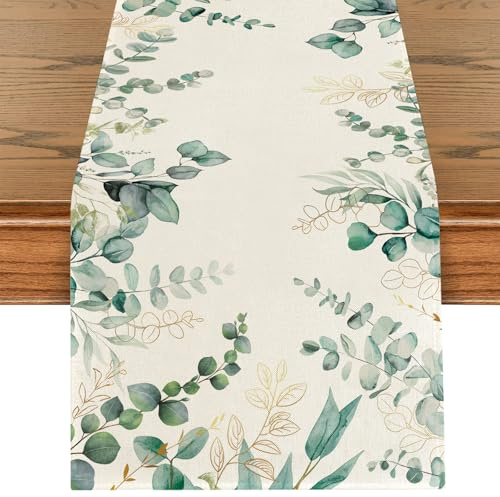 Tischläufer Eukalyptus Grün, Waschbar Eukalyptus Gold Blätter Tischband, Frühling Sommer Küche Dekoration Drinnen Tischdeko für Kommunion, Konfirmation, Hochzeit, Geburtstag, Gartenparty, 40 x 100 cm