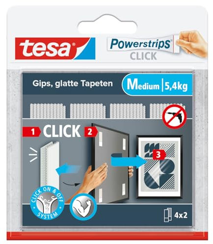 tesa Powerstrips CLICK - Ganci Adesivi per Appendere Cornici e Decorazioni da Parete Senza Forature - Strisce Autoadesive con Sistema di Aggancio e Sgancio ON e OFF - Medium - 4 x 2 pezzi