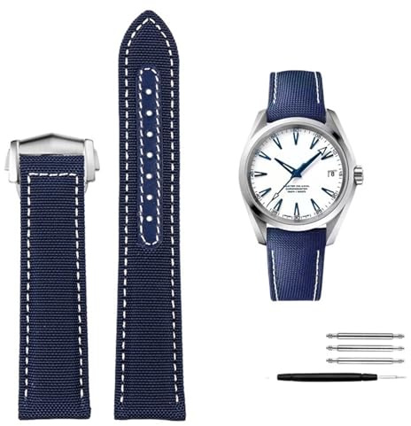 DASEB Hochdichtes Nylon-Lederarmband für Omega New Seamaster 300 Super Master AT150 Stoffleder AQUA TERRA Herrenarmband 19 mm 20 mm(Blue White Silver B,19mm)