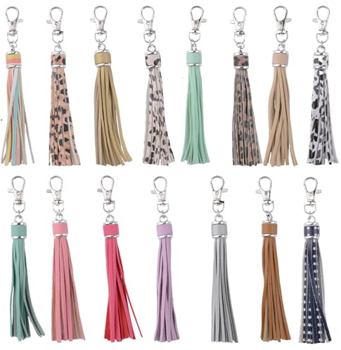 URROMA 15 Stück Bunte Kunstleder Quaste Anhänger mit Silber Karabinerverschluss - DIY Schlüsselanhänger und Handwerk Tasche Dekoration - Moderner Hängender Schmuck für casual und Geschenke