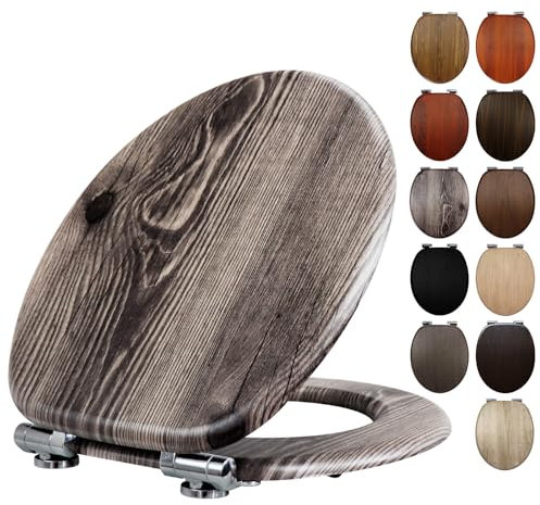 Fanmitrk Wooden Toilet Seat with Soft Close Adjustable Solid Hinges, MDF Wood Oval Toilet Seat (2402)