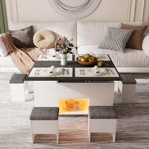 Couchtisch Umwandelbar in Wohnzimmer-Esstisch 4 in 1 Multifunktions-Wohnzimmertisch mit Stauraum & 4 Hockern Couchtisch Höhenverstellbar mit LED-Beleuchtung & Geräuscharmes Universalrad, Grau+Weiß