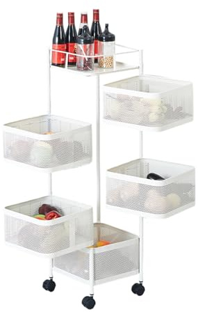 Rollwagen Metall KüChenwagen Mit Rollen, 360° Drehbares GemüSeregal Trolley, Aufbewahrungswagen Obstwagen Aufbewahrungsregal, KüChenregal Organizer Für KüChe Badezimmer Kinderzimmer (5 FäCher Rund)