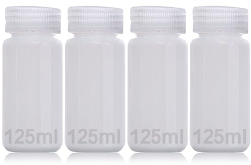 DKBT Lot de 4 bouteilles vides en plastique à col large - 125 ml - Anti-fuite - Translucides - En polyéthylène haute densité - Avec large goulot - Pour échantillons d'eau