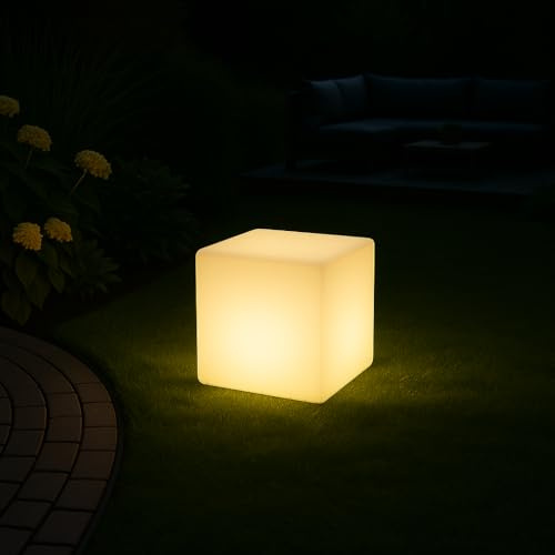 MeLiTec Solarlampe - mehrfarbige Bodenbeleuchtung für Außen & Innen - mit USB, auch für Innenräume geeignet - Solar-Kugel mit Farbwechsel - Kantenlänge 30 cm - Kunststoff Würfel