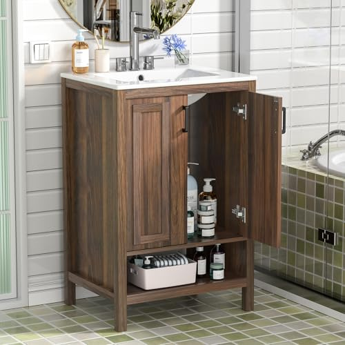 Yvsevnr Waschtisch mit Unterschrank 60 cm Waschbeckenunterschrank mit Keramik Waschbecken, Badezimmerschrank Holz Nussbaum, Badmöbel für Gäste-WC, Freistehender Konsolenwaschtisch