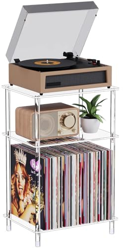 Bekugee Clear Acrylic Record Player Stand with Vinyl Storage, 15.75 L x 11.81 W x 24.5 H, 3 Tier Small Side Turntable Table with Album Shelf, Modern Bedside End Table for Living Room, Bedroom