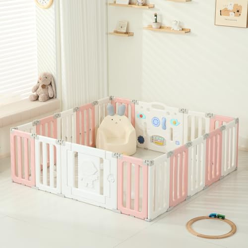 Federedo 18 Panels Baby Play Pen, Extra Large Baby Playpen, Foldable Astronauts Play Pens for Babies and Toddlers, Adjustable Portable Fence Gate Playpen Yard, Pink