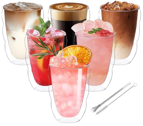 CxutSa 350ml Double Walled Coffee Glasses Mugs Sets of 6 Cappuccino Latte Macchiato Glasses Cups with Straw Spoon Borosilicate Heat Resistant Glass Coffee Cups for Espresso Tea Milk Juice Ice Cream
