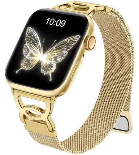 Mastten Schmal Metall Magnetisch Armbänder Kompatibel mit Apple Watch SE Armband 40mm 41mm 42mm 38mm, Elegant Edelstahl Metallarmband für iWatch Series SE 11 10 9 8 7 6 5 4 3 Damen Herren, Gold